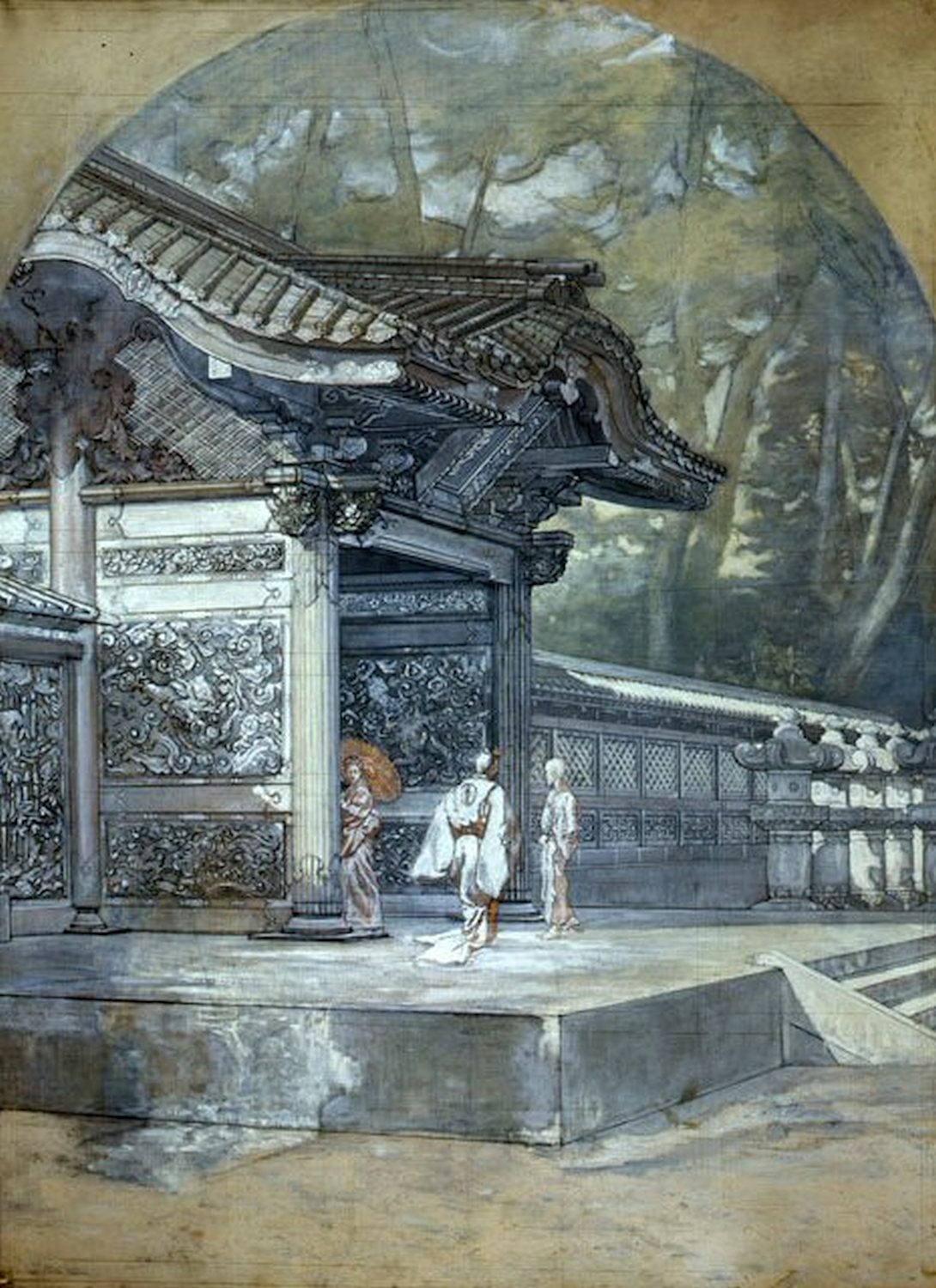 Antonio Fontanesi, Ingresso di un tempio in Giappone (1878-1880; preparazione a chiaroscuro su tela, 114 x 145 cm; Reggio Emilia, Musei Civici) 