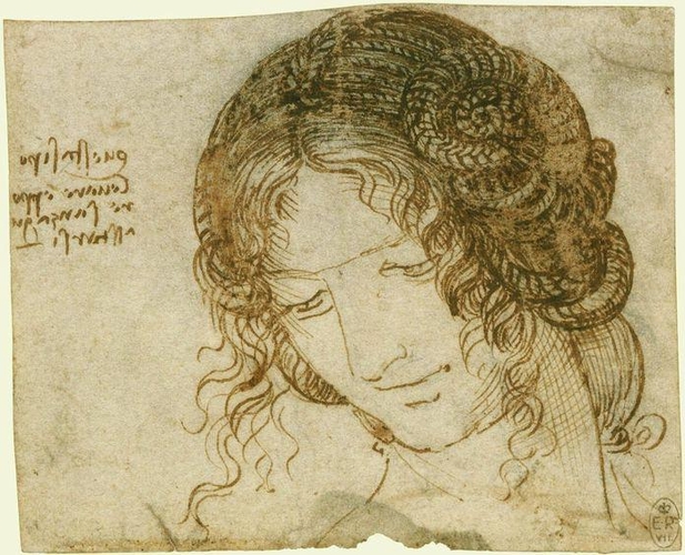 Leonardo da Vinci, Studio per l'acconciatura di una donna (1504-1506 circa; penna e inchiostro su carta bianca, 92 x 112 mm; Windsor Castle, Royal Library) 
