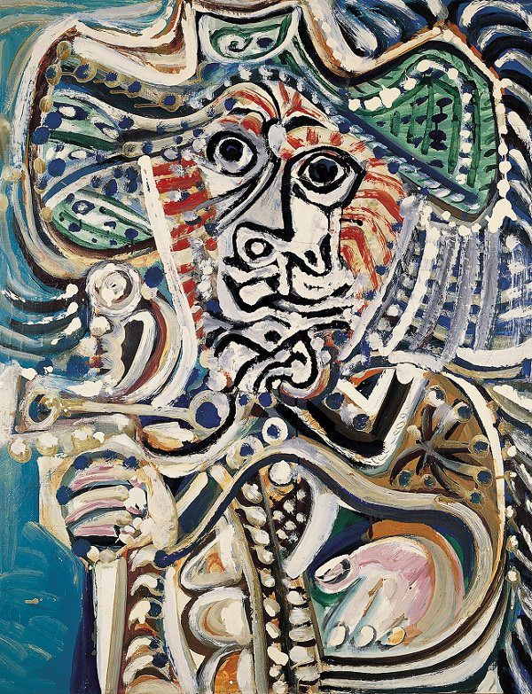 Pablo Picasso, Mosquetero con espada (1972; olio su tela, 116 x 89 cm; Malaga, Museo Picasso)
Pablo Picasso, Mosquetero con espada (1972; olio su tela, 116 x 89 cm; Malaga, Museo Picasso)