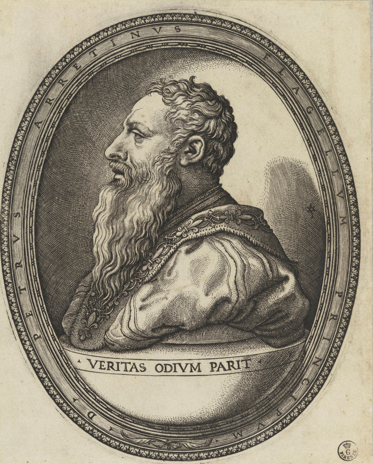 Giovanni Giacomo Caraglio, Ritratto di Pietro Aretino con motto (1646-1655; bulino, Firenze, Uffizi, Gabinetto dei Disegni e delle Stampe) 