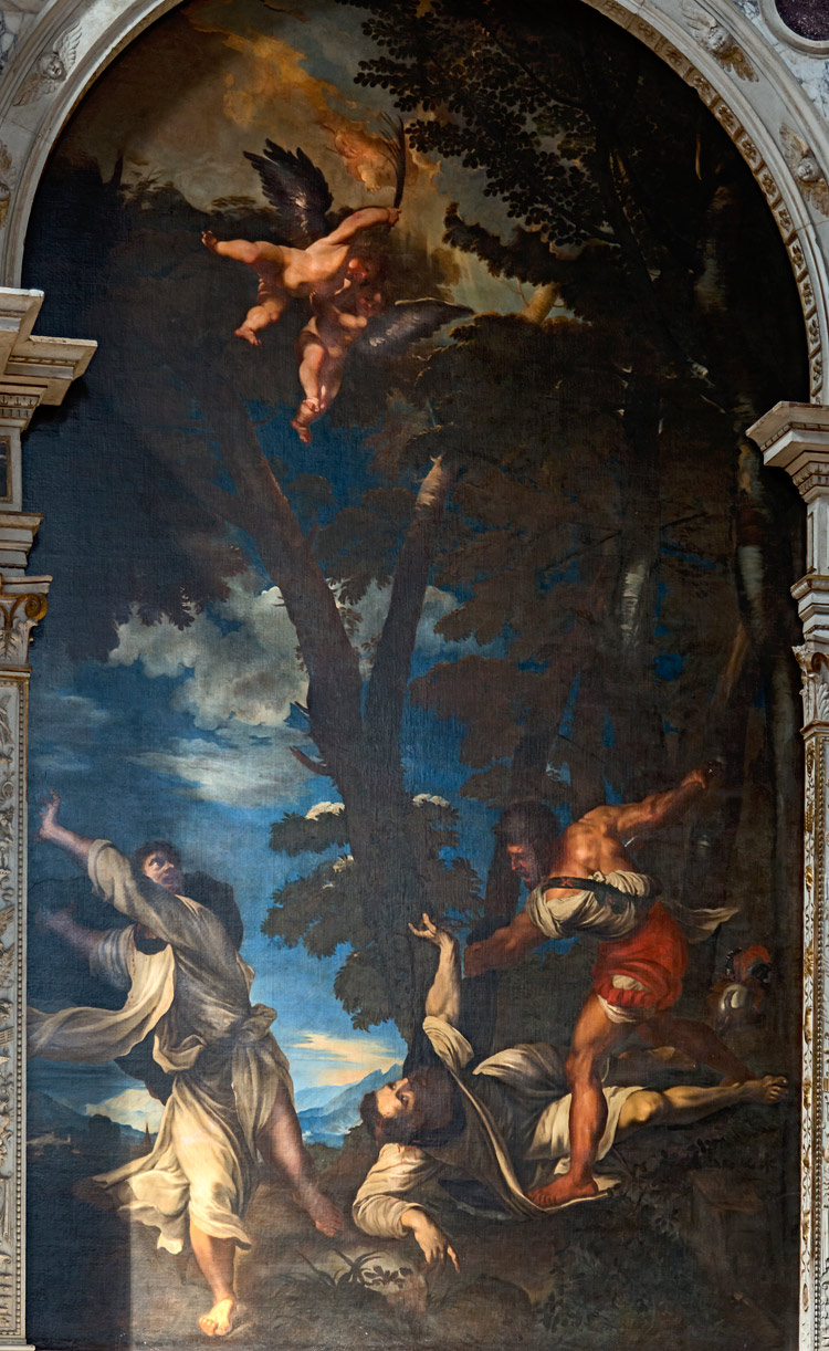 Johann Carl Loth, Martirio di san Pietro Verona, copia dall'originale di Tiziano distrutto dall'incendio del 1867 (1691; olio su tela; Venezia, Santi Giovanni e Paolo) 