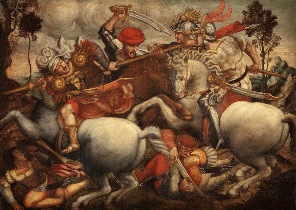Ambito del Sodoma, Lotta per lo stendardo, dalla Battaglia di Anghiari (XVI secolo; olio su tela, 154 x 212 cm; Firenze, Museo Horne)
