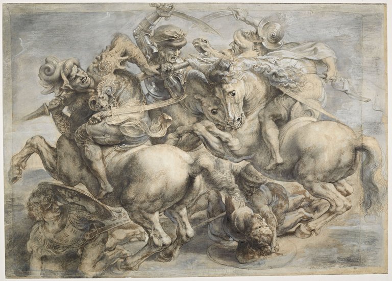 Anonimo del XVI secolo e Pieter Paul Rubens, Copia della Battaglia di Anghiari di Leonardo da Vinci (XVI secolo con ritocchi successivi di Rubens; matita nera, penna e inchiostro bruno e grigio, matita grigia e pigmenti bianchi e grigio-blu su carta, in origine 428 x 577 mm poi ingrandito a 453 x 636 mm; Parigi, Louvre, Département des arts graphiques)
