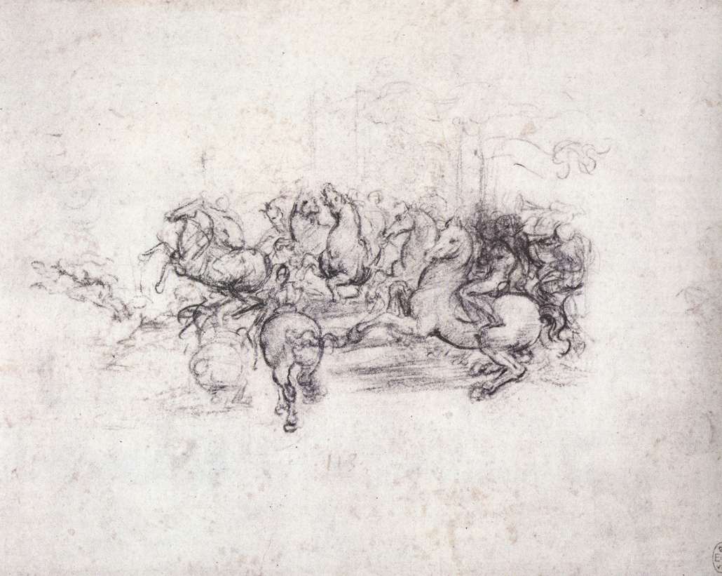 Leonardo da Vinci, Cavalieri con stendardi, studio per la Battaglia di Anghiari (1503 circa; gessetto nero su carta chiara, 160 x 197 mm; Windsor, Royal Library)
