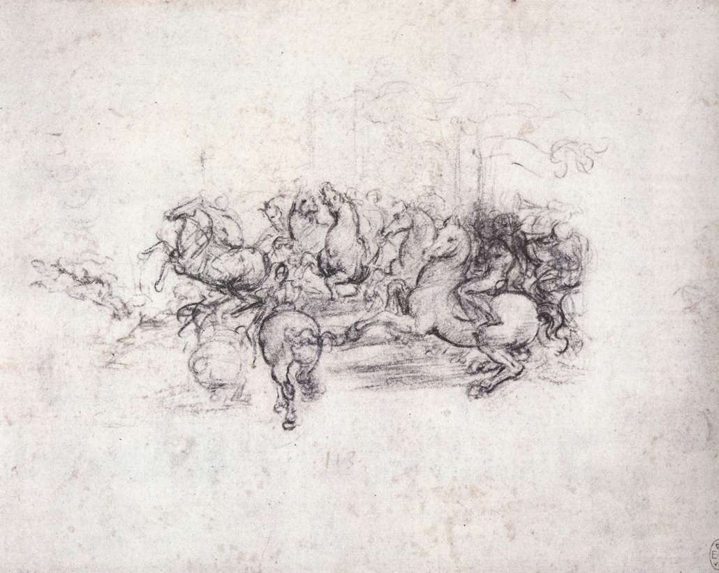 Leonardo da Vinci, Cavalieri con stendardi, studio per la Battaglia di Anghiari (1503 circa; gessetto nero su carta chiara, 160 x 197 mm; Windsor, Royal Library) 