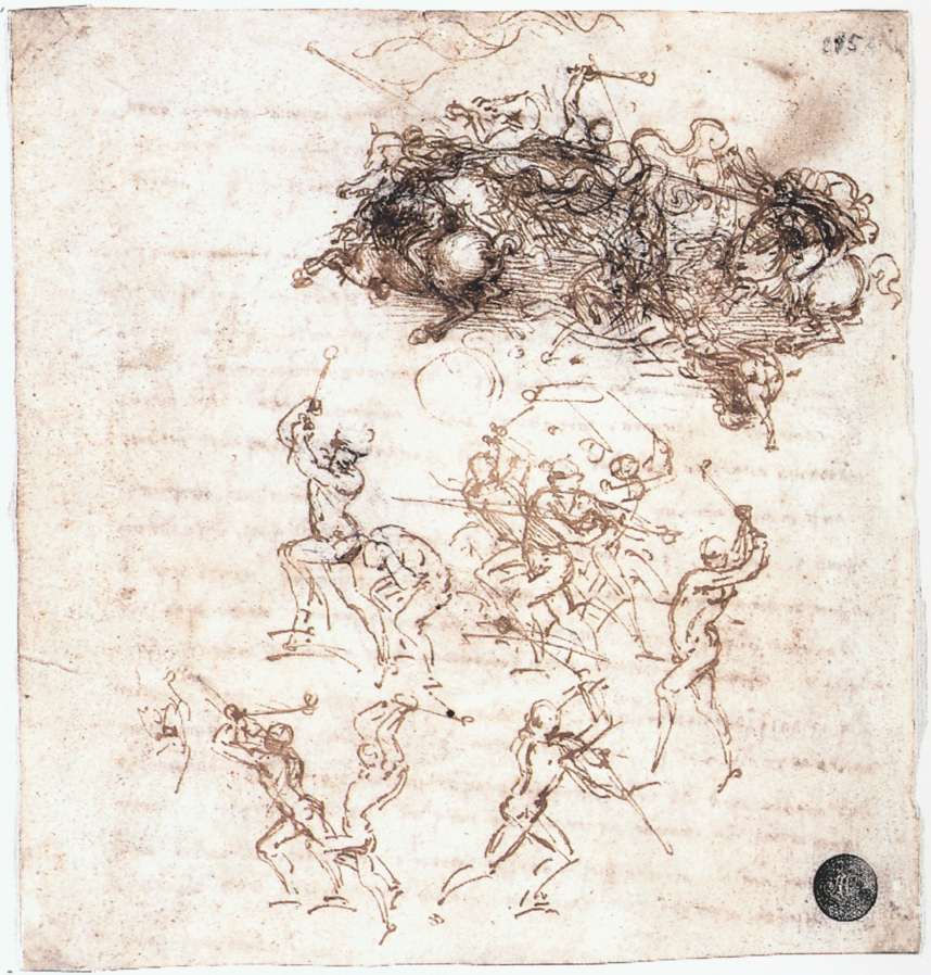 Leonardo da Vinci, Cavalieri in lotta, studio per la Battaglia di Anghiari (1503 circa; penna e inchiostro nero su carta, 145 x 152 mm; Venezia, Gallerie dell'Accademia, Gabinetto dei Disegni e delle Stampe) 