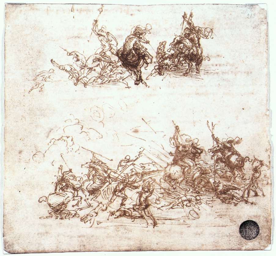 Leonardo da Vinci, Mischie di cavalieri, studio per la Battaglia di Anghiari (1503 circa; penna e inchiostro nero su carta, 145 x 152 mm; Venezia, Gallerie dell'Accademia, Gabinetto dei Disegni e delle Stampe) 