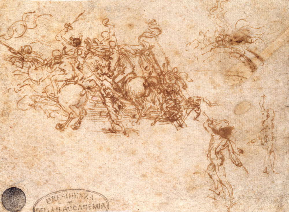 Leonardo da Vinci, Mischia tra cavalieri, un ponte e figure isolate, studio per la Battaglia di Anghiari (1503 circa; penna e inchiostro marrone su carta noce chiaro, 160 x 152 mm; Venezia, Gallerie dell'Accademia, Gabinetto dei Disegni e delle Stampe)
