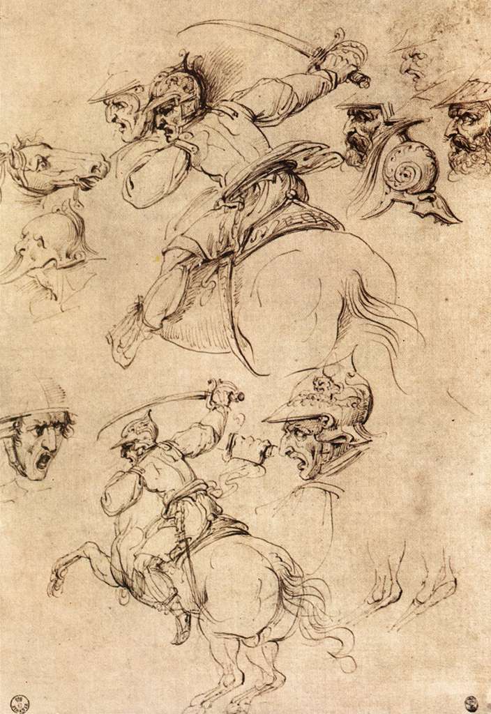 Leonardo da Vinci, Cavalieri, studio per la Battaglia di Anghiari (1503 circa; penna e inchiostro su carta; Firenze, Galleria degli Uffizi, Gabinetto dei Disegni e delle Stampe)
