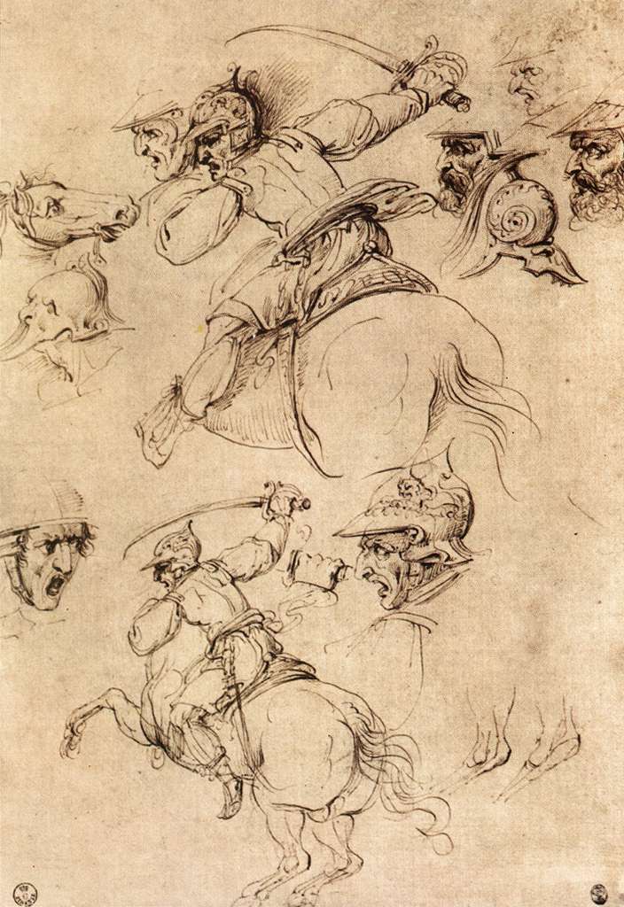 Leonardo da Vinci, Cavalieri, studio per la Battaglia di Anghiari (1503 circa; penna e inchiostro su carta; Firenze, Galleria degli Uffizi, Gabinetto dei Disegni e delle Stampe) 