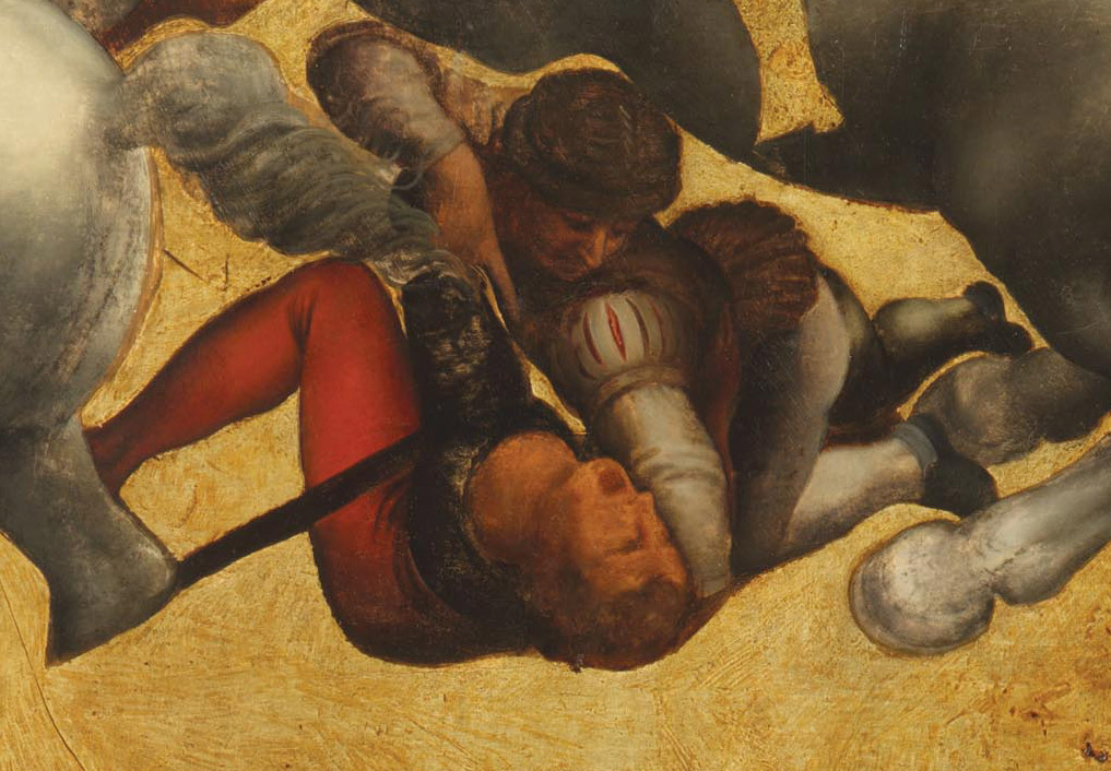 Dettagli della Tavola Doria: i soldati che lottano a terra
