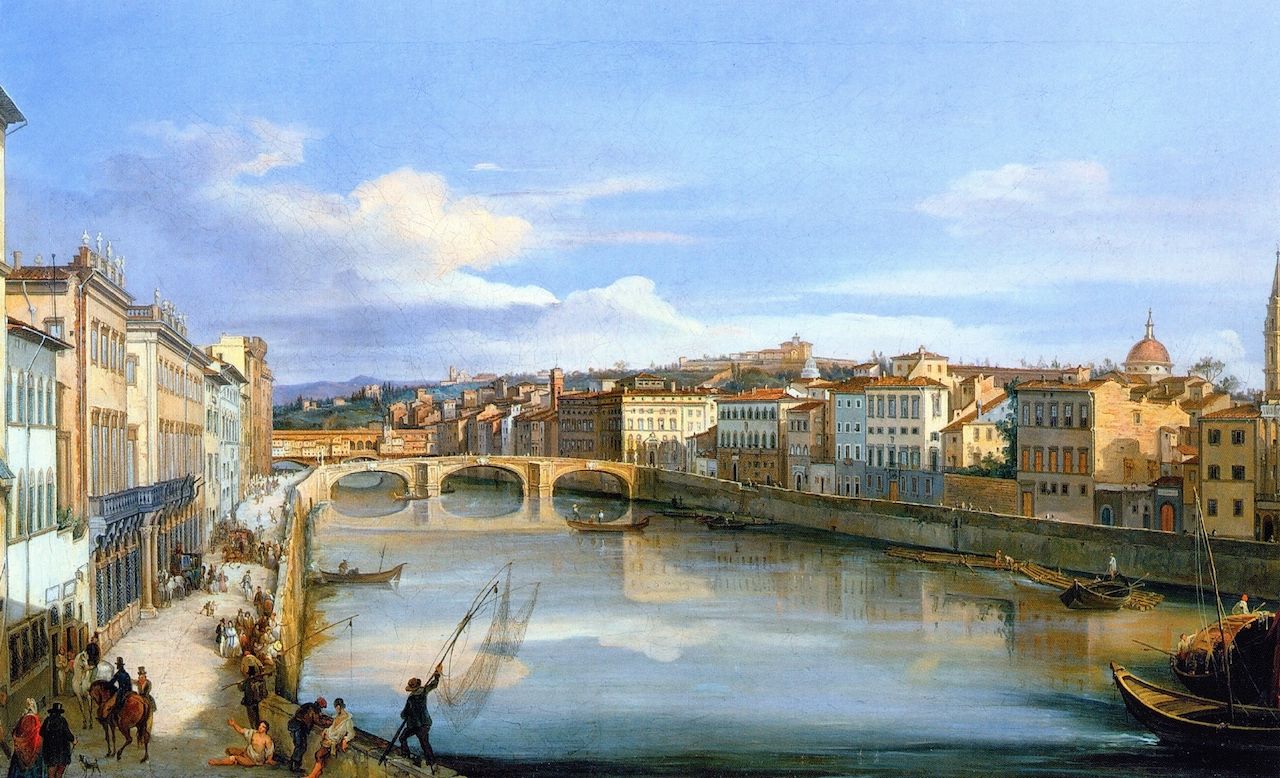 Giovanni Signorini, Veduta dell'Arno da Ponte alla Carraia (1846; olio su tela, 56 x 89 cm; Collezione privata) 