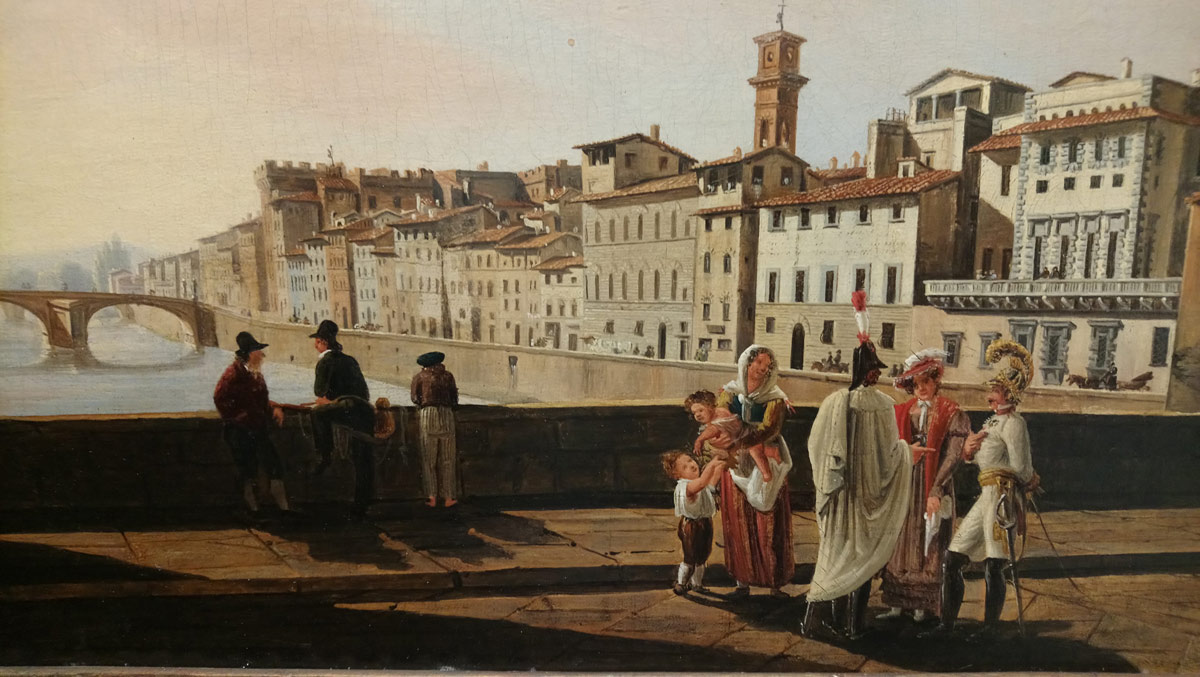 Giuseppe Gherardi, Veduta da Ponte Vecchio, dettaglio (1825; olio su tela, 37 x 52 cm; Collezione privata) 