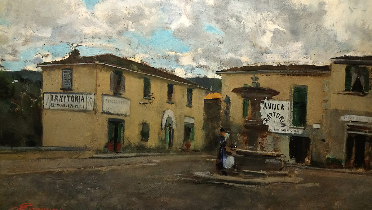 Telemaco Signorini, La piazzetta di Settignano in una giornata di pioggia, dettaglio (1881 circa; olio su tela, 36 x 51,4 cm; Collezione privata) 