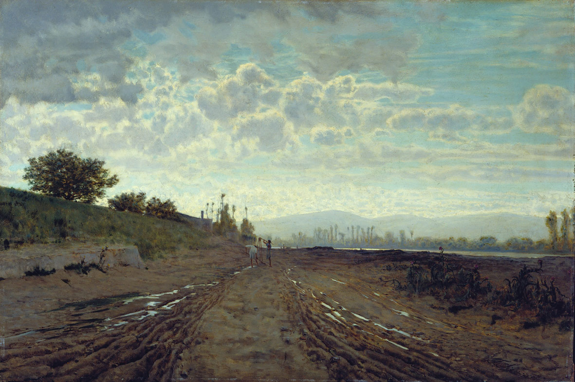 Telemaco Signorini, Una mattina sull'Arno (Renaioli sull'Arno) (1868 circa; olio su tela, 40 x 60 cm; Collezione privata) 