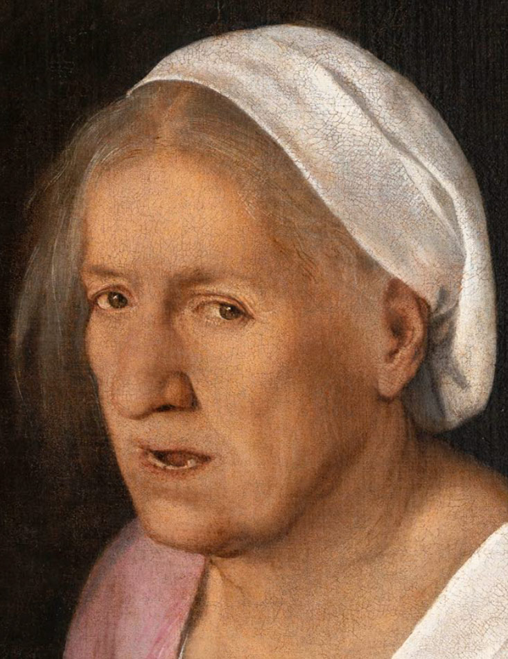Giorgione, La Vecchia, dopo il restauro, dettaglio del volto della donna