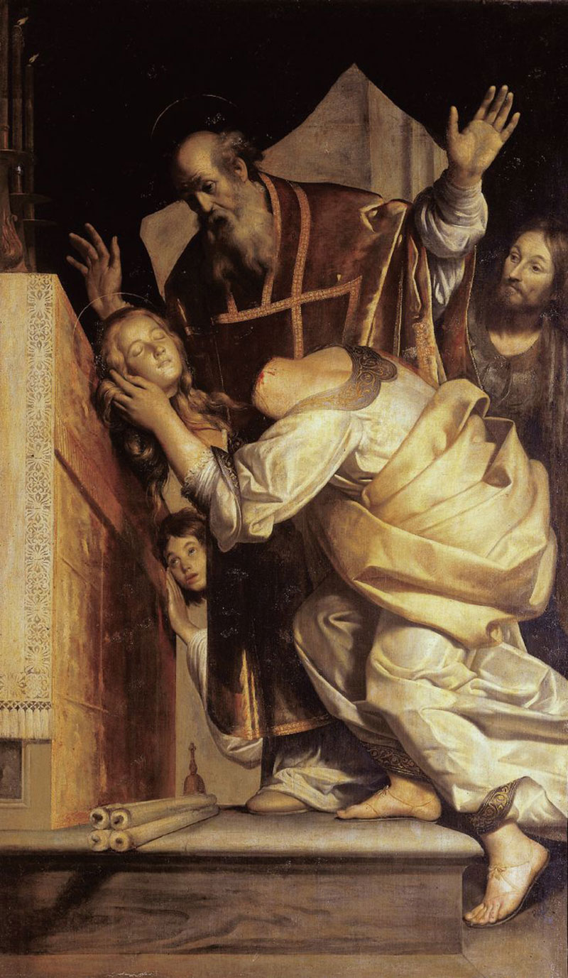 Giovanni Antonio Galli detto lo Spadarino, Santa Valeria dopo la decapitazione porta la propria testa a san Marziale (1629-1632; olio su tela, 320 x 186 cm; Città del Vaticano, Basilica di San Pietro, sala capitolare)