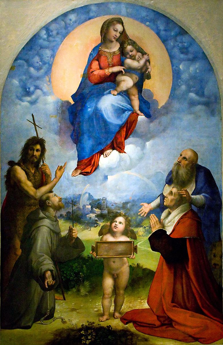 Raffaello, Madonna di Foligno (1511-1512; olio su tavola trasportato su tela, 320 x 194 cm; Città del Vaticano, Musei Vaticani, Pinacoteca Vaticana)
