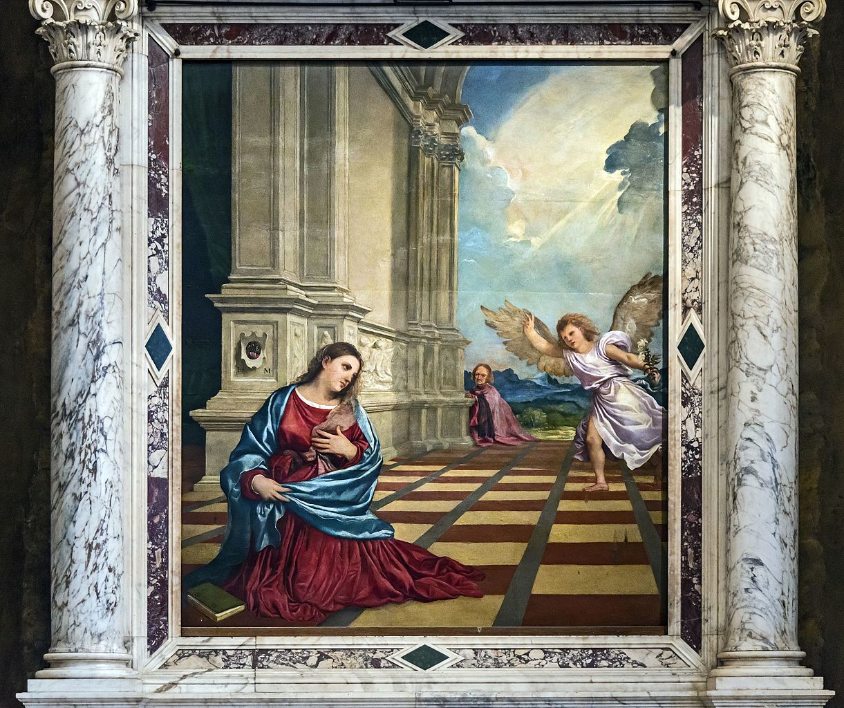 Tiziano Vecellio, Annunciazione (1520; olio su tavola, 210 x 176 cm; Treviso, Duomo, Cappella Malchiostro)

