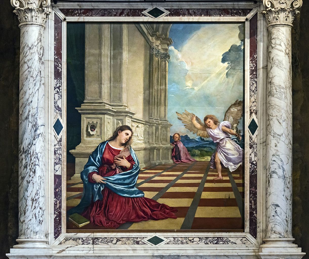 Tiziano Vecellio, Annunciazione (1520; olio su tavola, 210 x 176 cm; Treviso, Duomo, Cappella Malchiostro) 