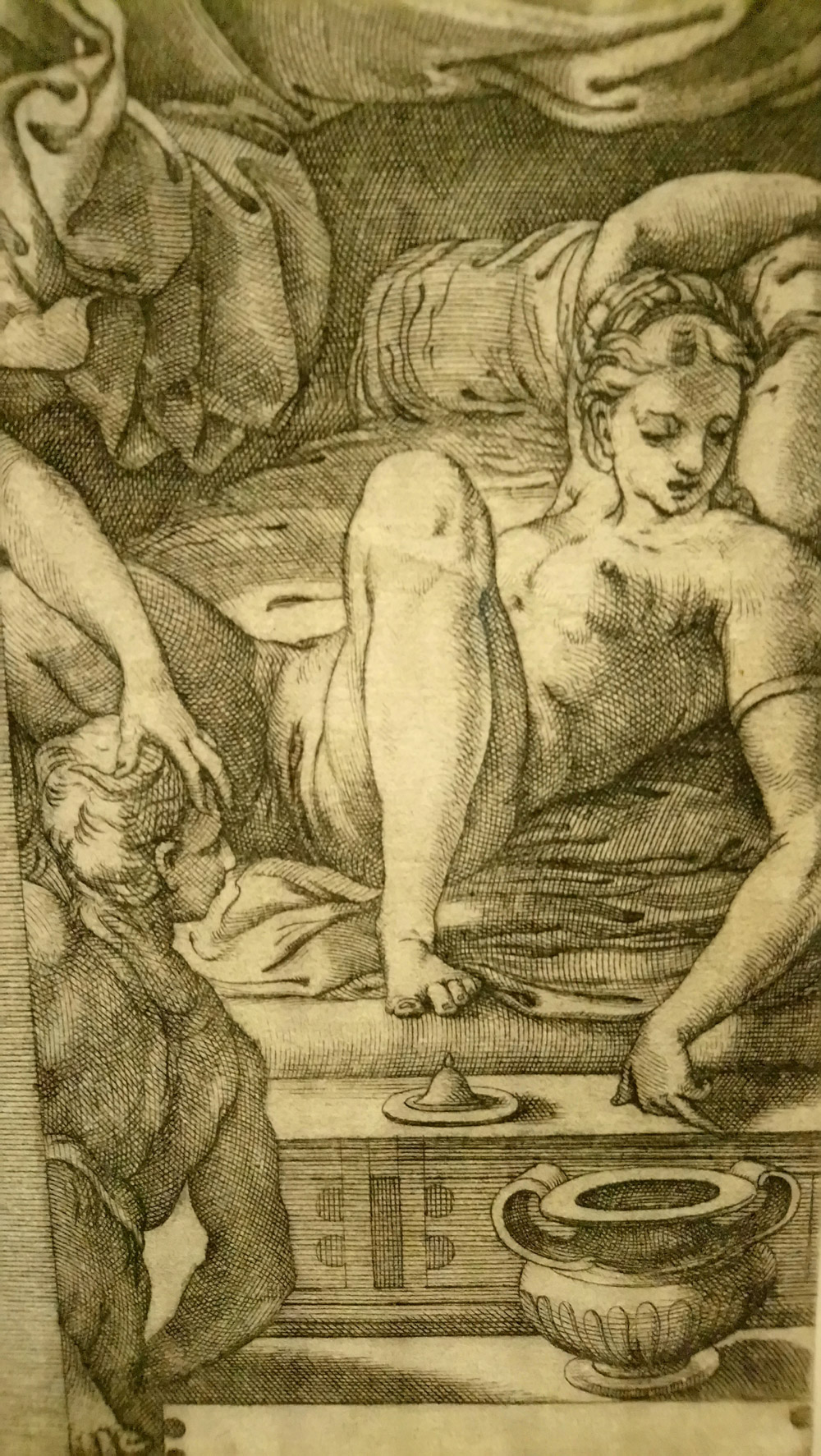 Giovanni Jacopo Caraglio da Perin del Vaga, Mercurio, Aglauro ed Erse, dettaglio (1527 circa; incisione a bulino, 211 x 134 mm; Amsterdam, Rijksmuseum)
