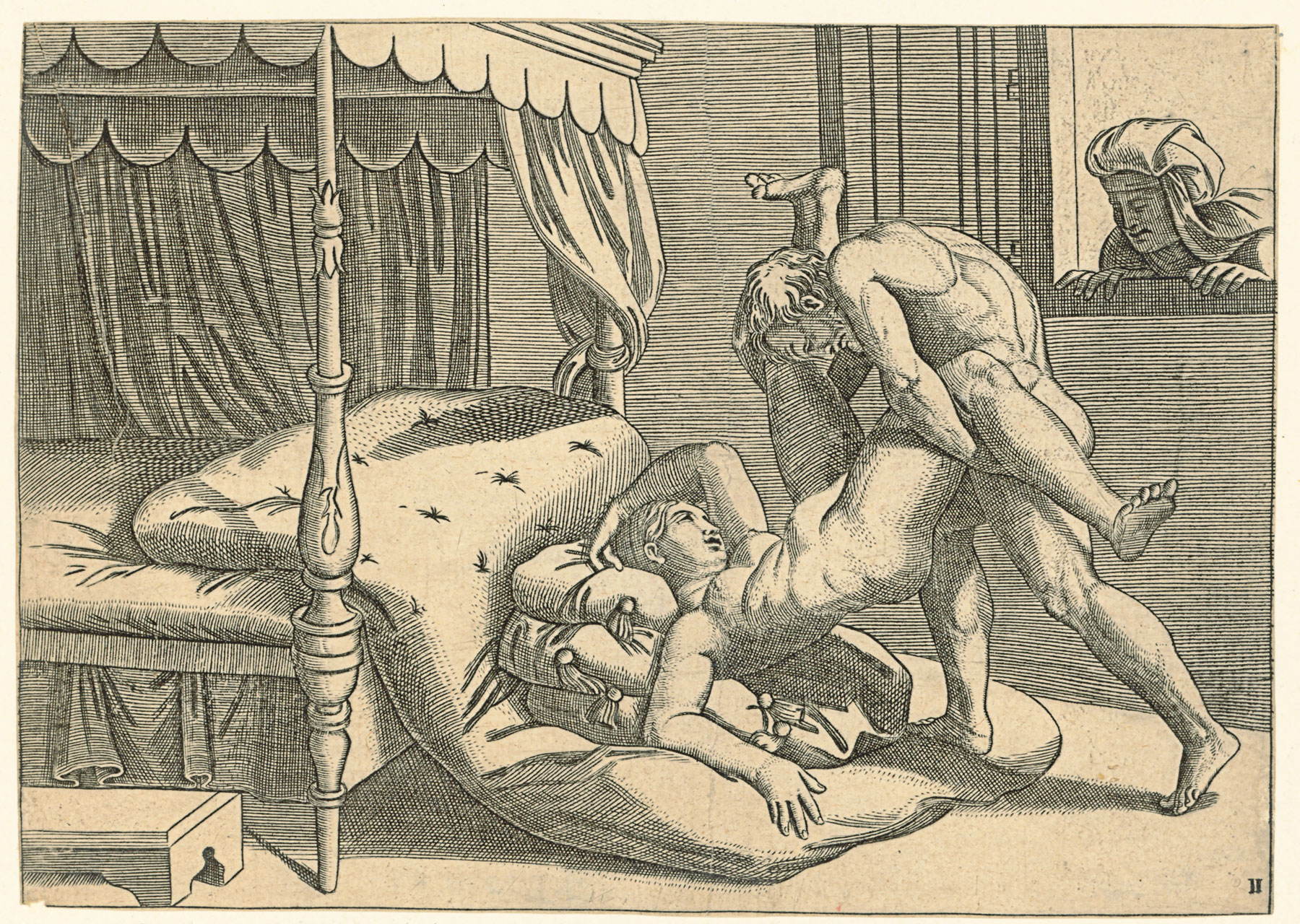 Copia (speculare) da Marcantonio Raimondi (1480-1534 circa) dalla posizione 9 de I Modi, numerata “II” (1530-1540; incisione a bulino, 134 x 188 mm; Vienna, Albertina)
