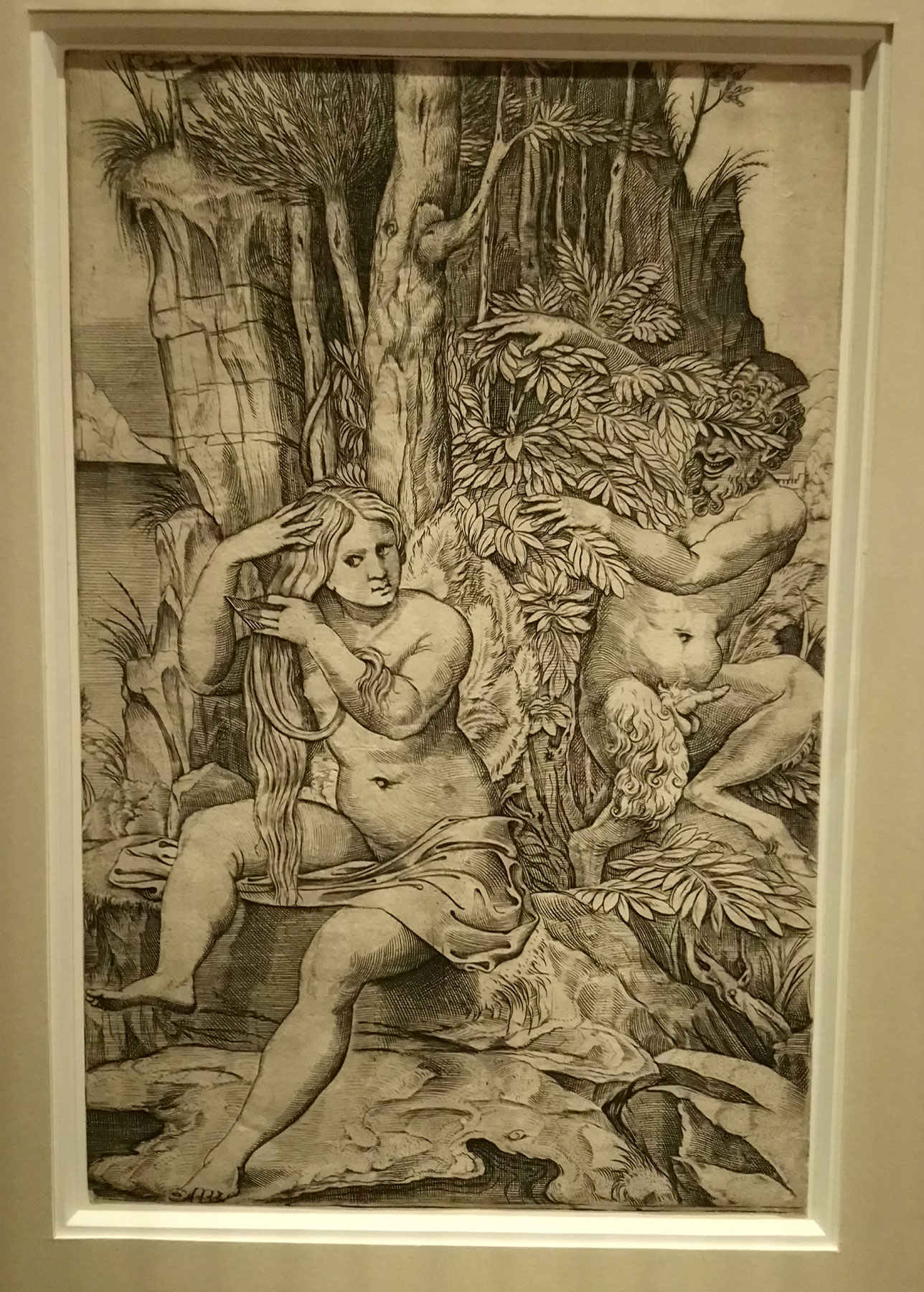Marco Dente da Ravenna (da Raffaello), Venere e un satiro (1516 circa; incisione a bulino, 262 x 172 mm; Vienna, Albertina)
