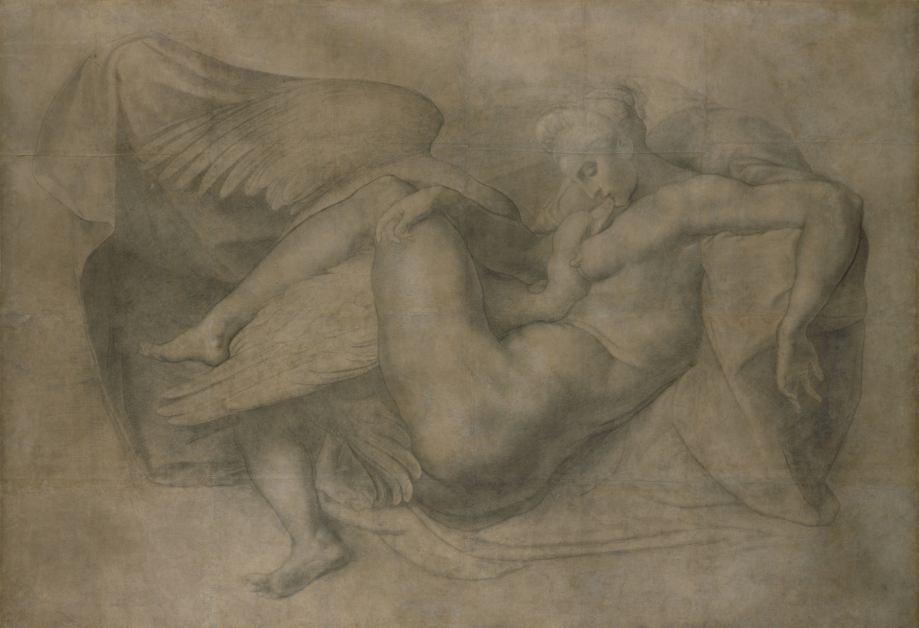 Attribuito a Rosso Fiorentino (da Michelangelo Buonarroti), Leda e il cigno, (1530-1540?; disegno a carboncino, 1745 × 2538 mm; Londra, Royal Academy of Arts)
