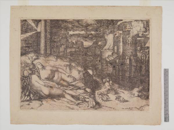 Marcantonio Raimondi, Il sogno di Raffaello (1508 circa; stampa a bulino, 338 x 238 mm; Pavia, Musei Civici) 