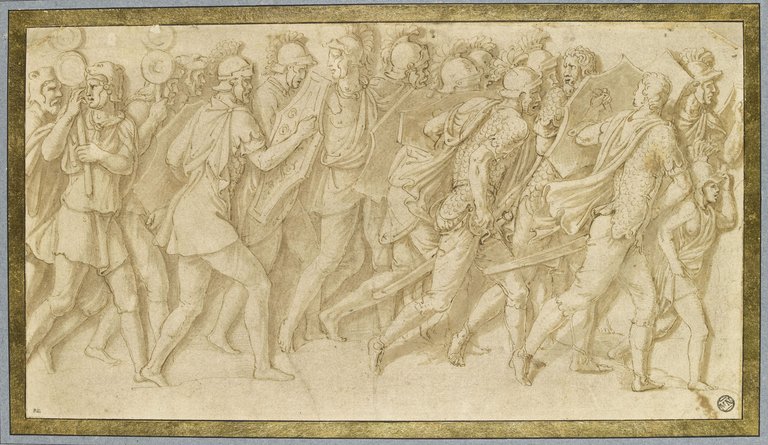 Giulio Romano, Convoglio militare con soldati del reparto di fanteria (1529-1531 circa; penna e inchiostro bruno, 236 x 431 mm; Parigi, Musée du Louvre, Département des Arts graphiques, inv. 3551) 