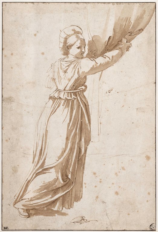 Giulio Romano, Donna in piedi che solleva un tendaggio (1524 o 1531 circa; penna e inchiostro bruno, acquerellature brune su carta vergata, 233 x 158 mm; Parigi, Musée du Louvre, Département des Arts graphiques, inv. 3568) 