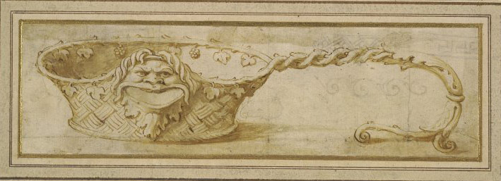 Giulio Romano, Mestolo a forma di cestino (1530-1540 circa; penna e inchiostro bruno con acquerellature brune, 70 x 246 mm; Londra, British Museum, inv. 1874,0808.72) 