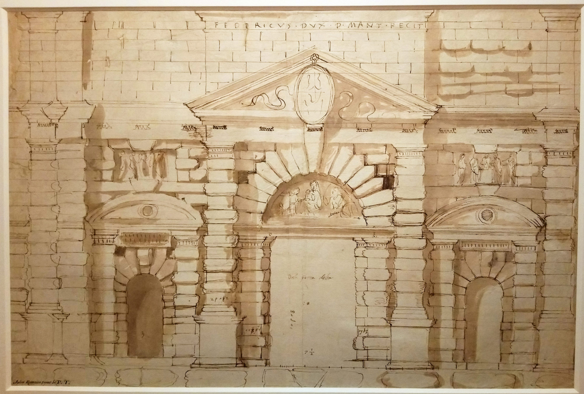 Giulio Romano, Progetto per la Porta del Te a Mantova (1530-1536 circa; penna e inchiostro, acquerellature, 369 x 551 mm; Stoccolma, Nationalmuseum, NMH 360/1863) 