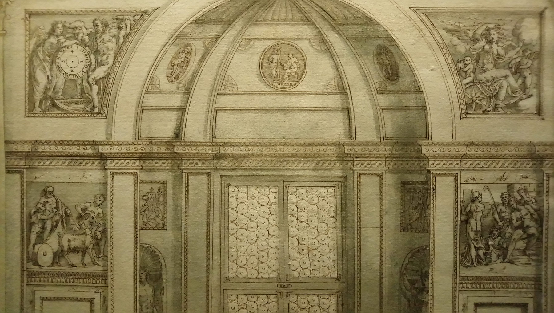 Ippolito Andreasi, Testata est della loggia dei Marmi (1567-1568 circa; penna e inchiostro bruno, acquerello grigio, sopra matita nera, 487 x 340 mm; Düsseldorf, Museum Kunstpalast, Graphische Sammlung, inv. FP 10880) 
