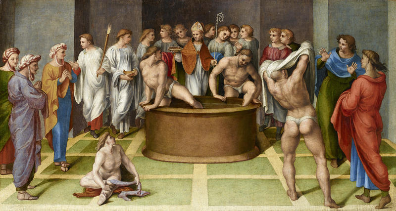 Girolamo Genga, Sant'Agostino battezza i catecumeni (1516-1518; olio su tavola, 49,5 x 91,7 cm; Bergamo, Accademia Carrara) 
