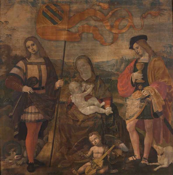 Timoteo Viti, Madonna col Bambino e i santi Crescentino e Donnino (1501-1503 circa; tempera su tela, 167,1 x 167,4 cm; Milano, Pinacoteca di Brera) 