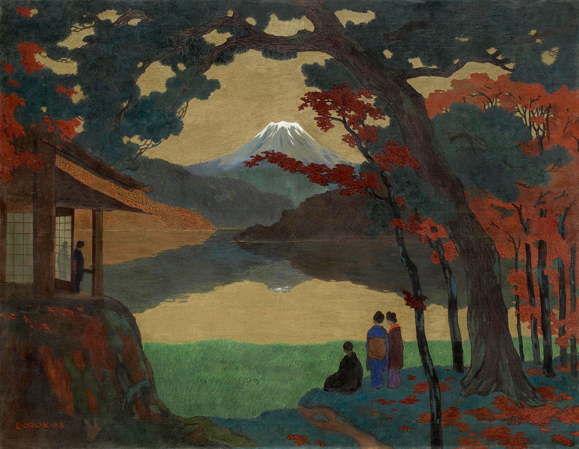 Emil Orlik, Landschaft mit dem Fuji im Hintergrund (1908; olio su tela, 120,5 x 154 cm; Monaco di Baviera, Daxer & Marschall Gallery) 