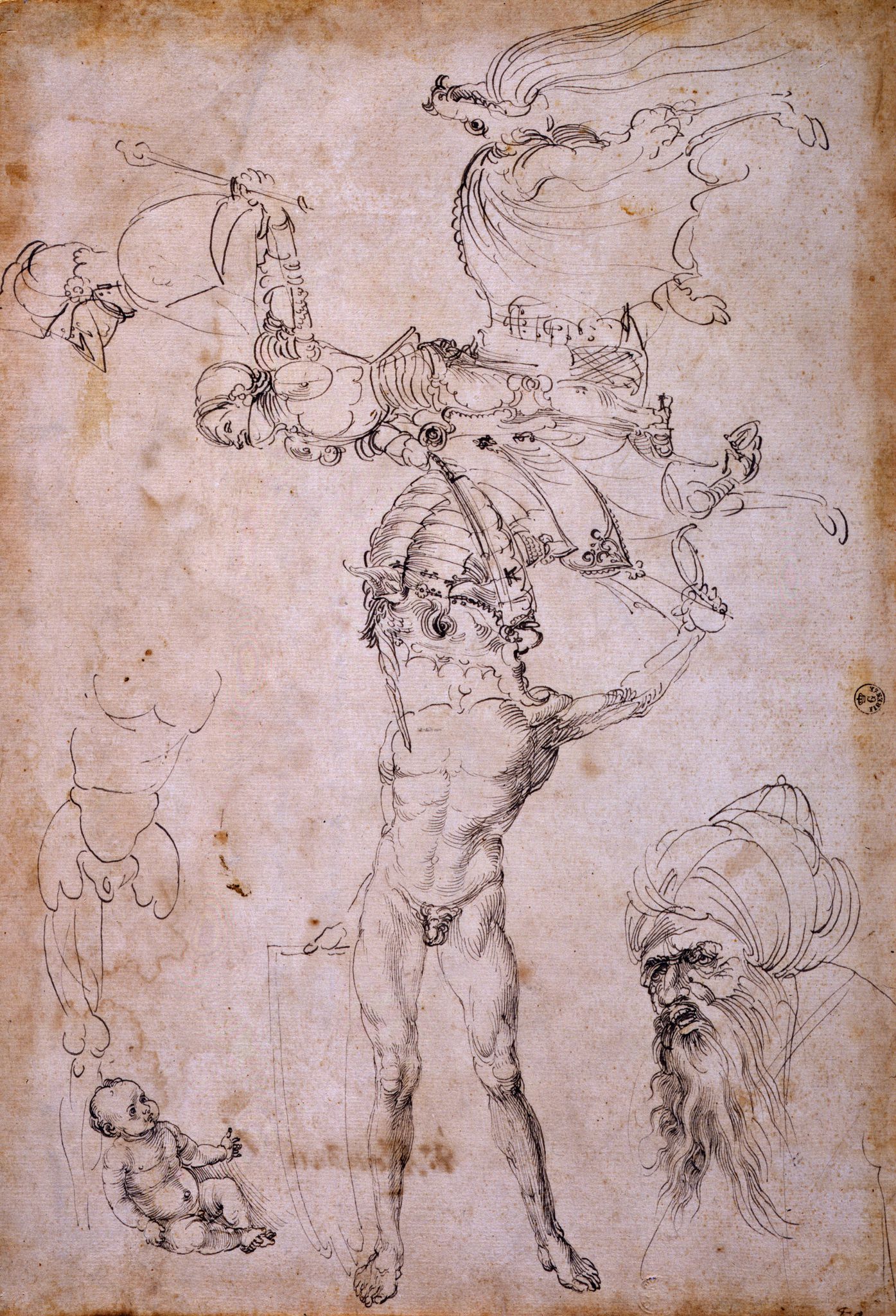 Albrecht Dürer, Foglio con studi vari (1495 circa; penna a inchiostro nero e grigio su carta, 370 x 255 mm; Firenze, Gallerie degli Uffizi, Gabinetto dei Disegni e delle Stampe, inv. 1049E)