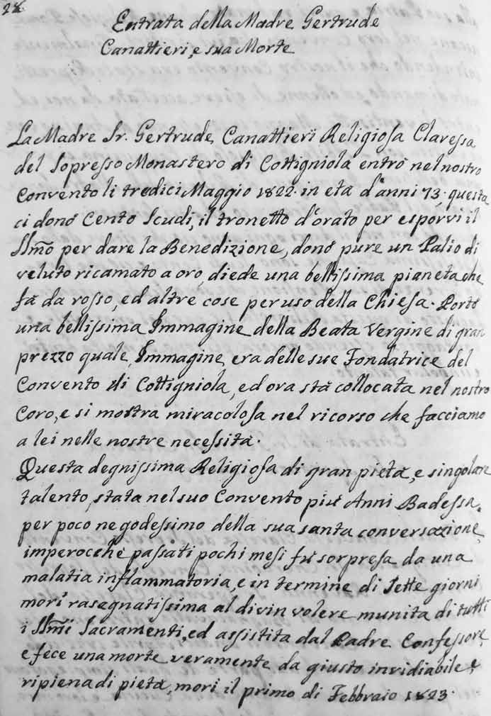 La registrazione dell'ingresso nel convento di suor Gertrude Canattieri