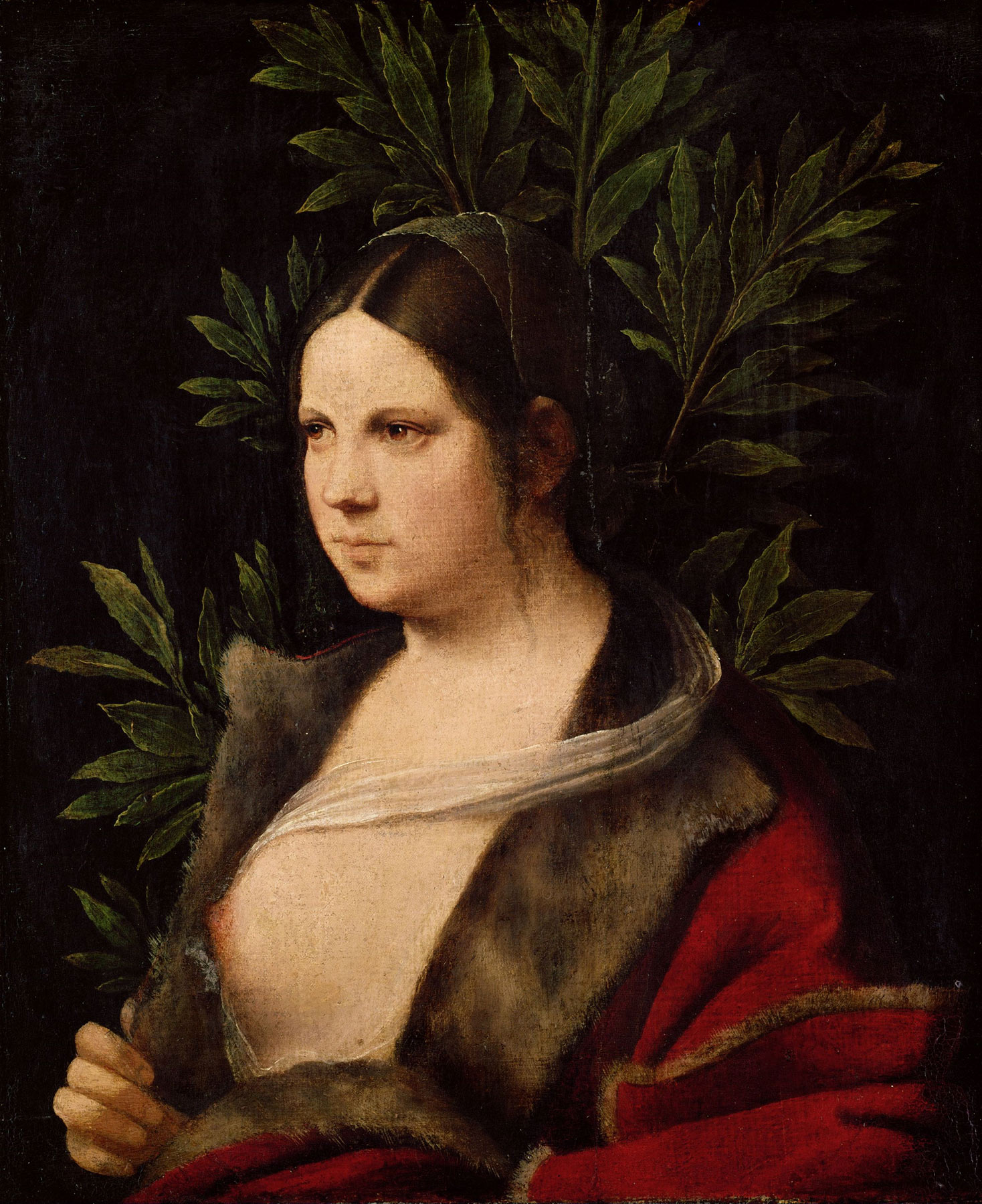 Giorgione (Giorgio Barbarelli?; Castelfranco Veneto, 1478 - Venezia, 1510), Laura (1506; olio su tela incollata su tavola, 41 x 33,5 cm; Vienna, Kunsthistorisches Museum)