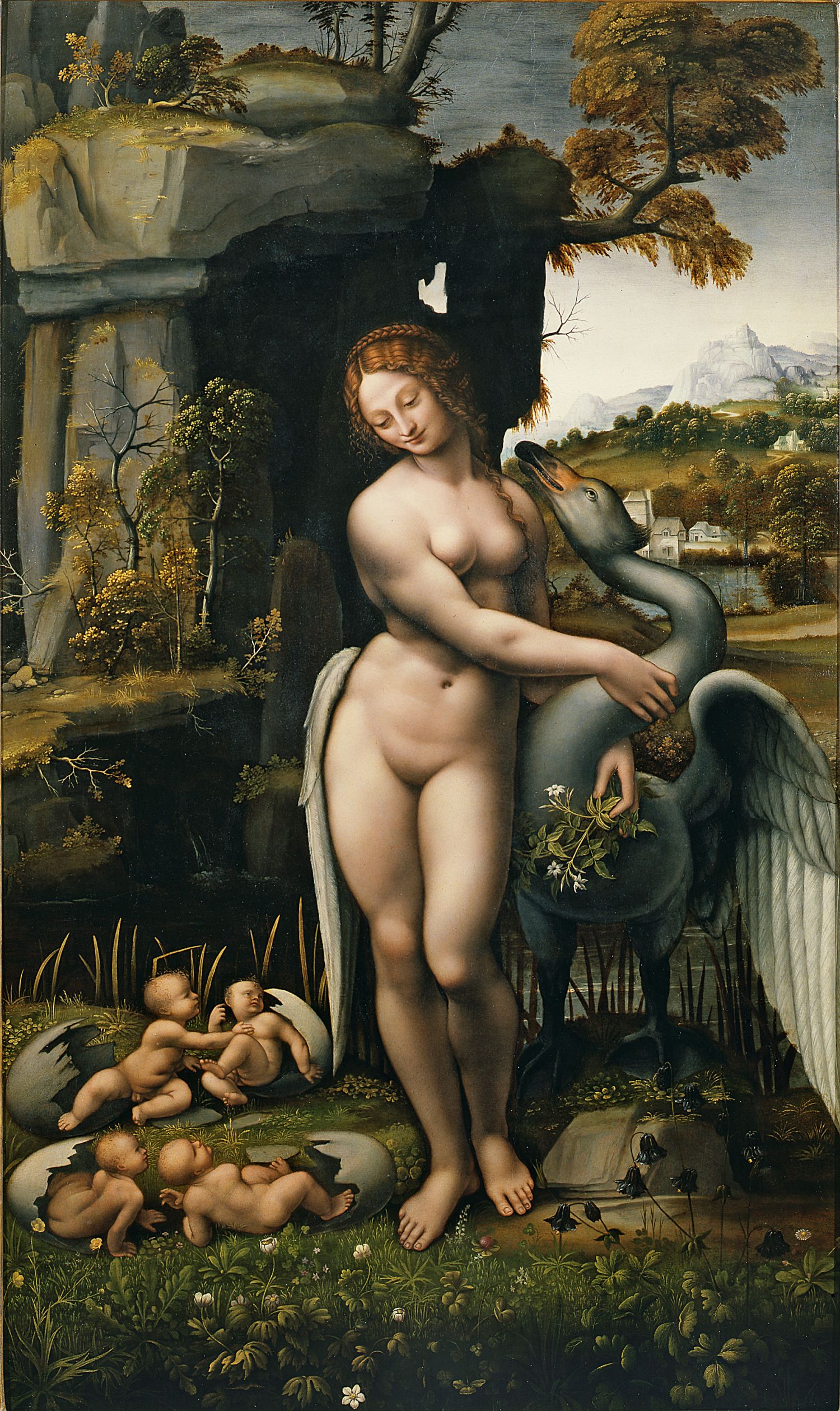 Pittore leonardesco, Leda e il cigno (1505-1507 circa; olio su tavola, 130 x 77,5 cm; Firenze, Gallerie degli Uffizi)