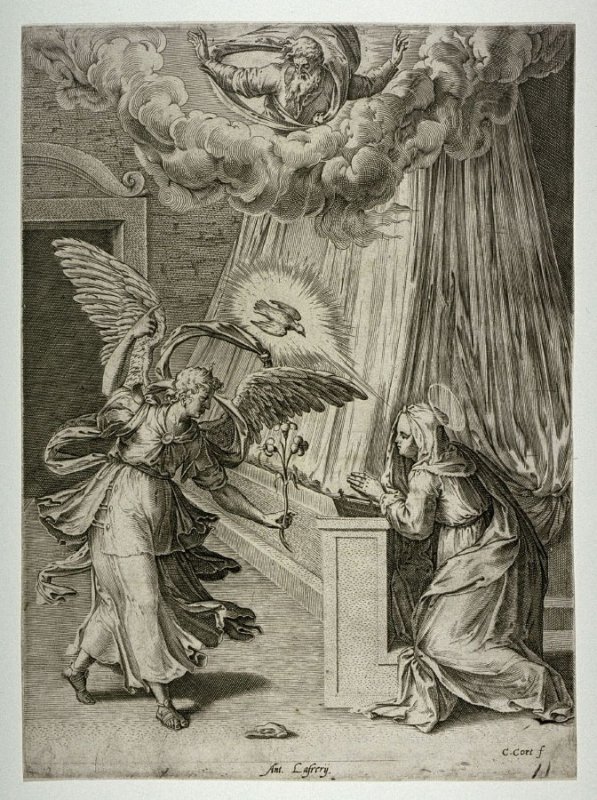 Cornelis Cort (da Giulio Clovio), Annunciazione (XVI secolo; incisione, 276 x 204 mm; San Francisco, Fine Arts Museums of San Francisco) 