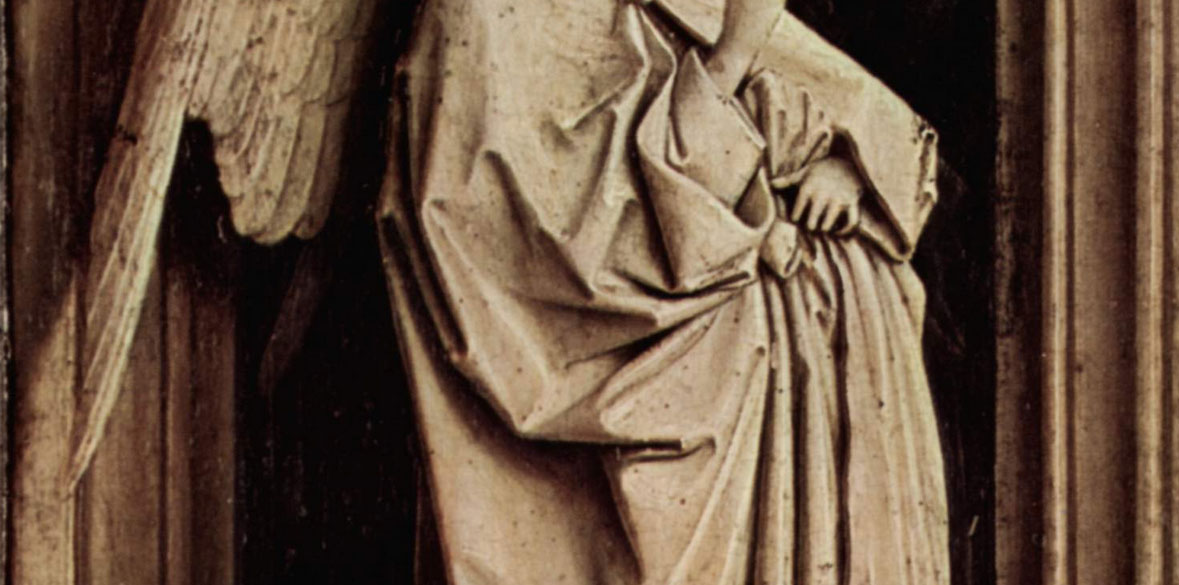 Jan van Eyck, Annunciazione, dettaglio dell'ala dell'angelo

