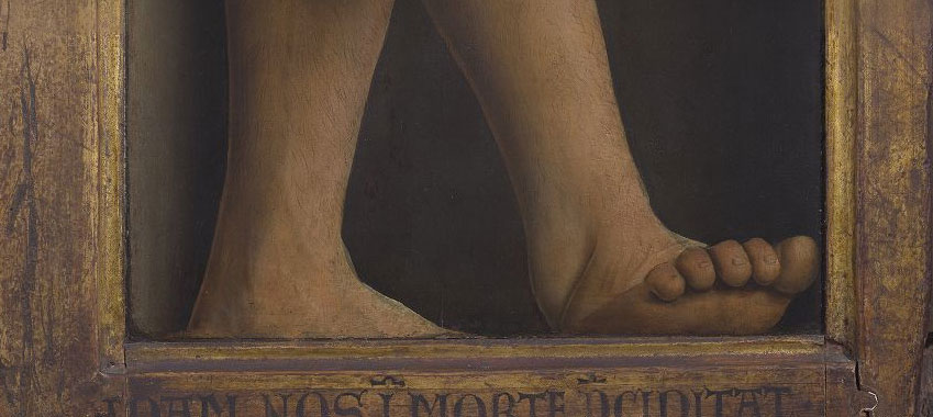 Jan van Eyck e Hubert van Eyck, Polittico dell’Agnello Mistico, dettaglio dei piedi di Adamo
