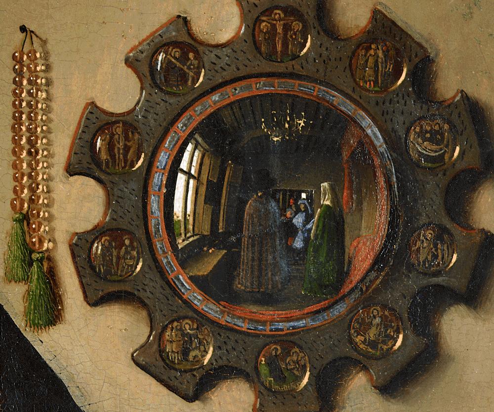 Jan van Eyck, Ritratto dei coniugi Arnolfini, dettaglio dello specchio
