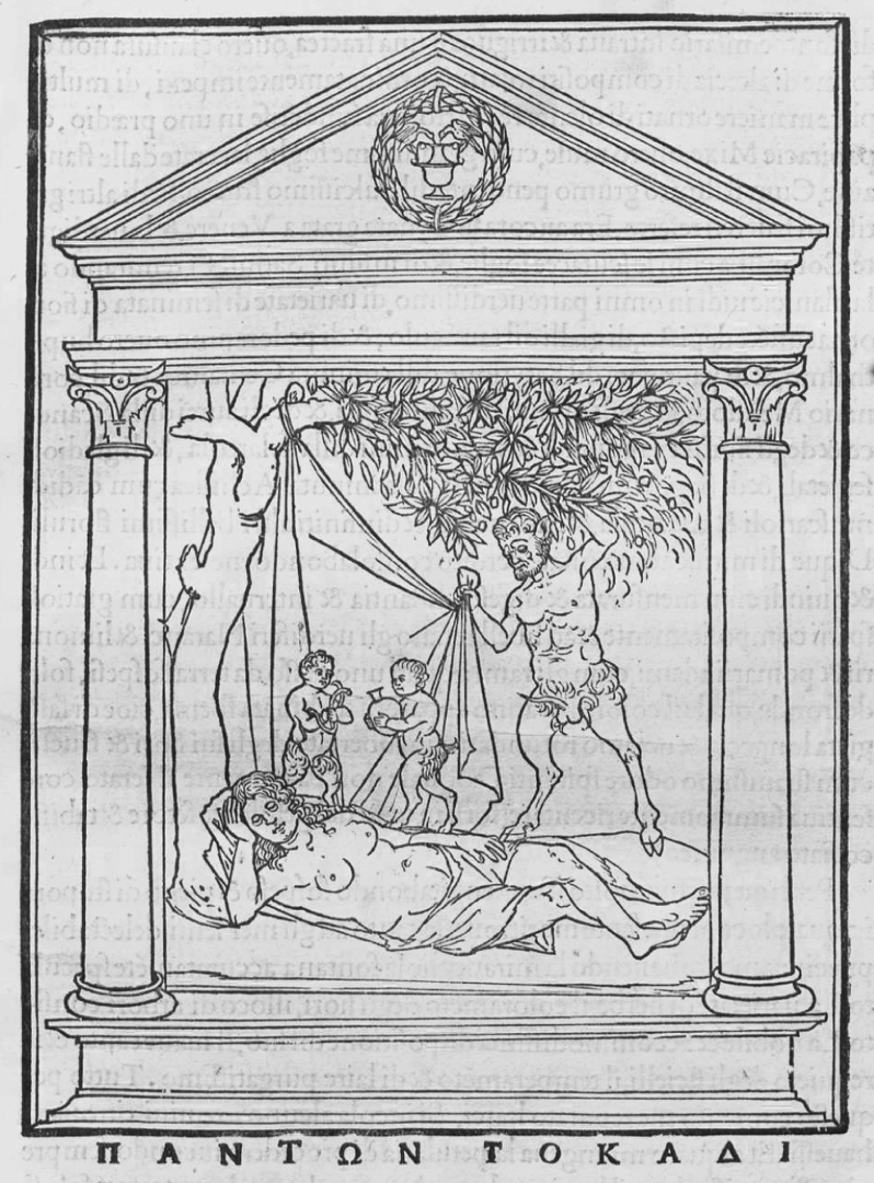 Benedetto Bordone (attribuito), Scena con ninfa e satiro, dalla Hypnerotomachia Poliphili (1499, pubblicato da Aldo Manuzio in Venezia; incisione, foglio 29,5 x 22 cm)