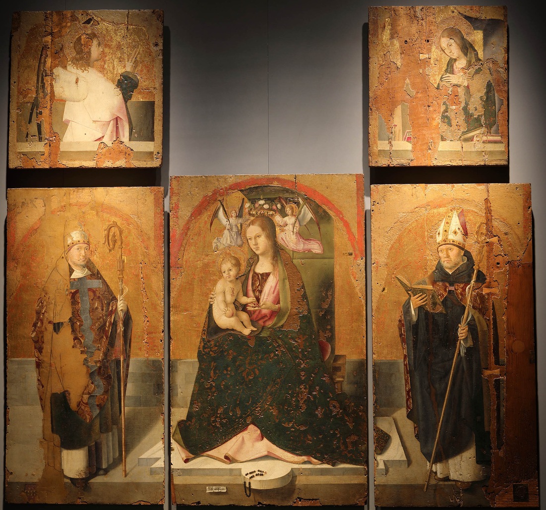 Antonello da Messina, Polittico di San Gregorio (firmato e datato 1473; tempera grassa su tavola, cm 65 x 62; 65 x 54,7; 125 x 63,5; 129 x 77; 126 x 63; Messina, Museo regionale interdisciplinare) 