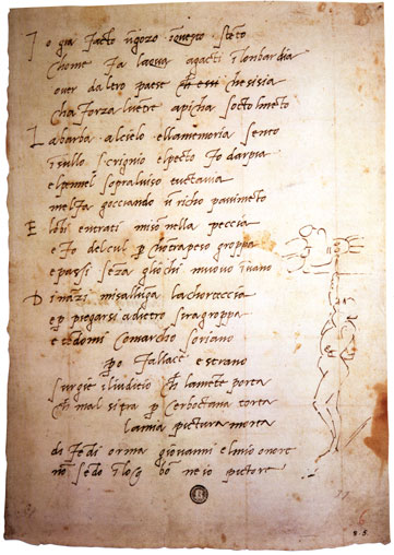 Michelangelo Buonarroti, Versi con autoritratto nell’atto di dipingere la volta della Sistina (1508-1512, penna; Firenze, Archivio Buonarroti, XIII, fol. 111) 