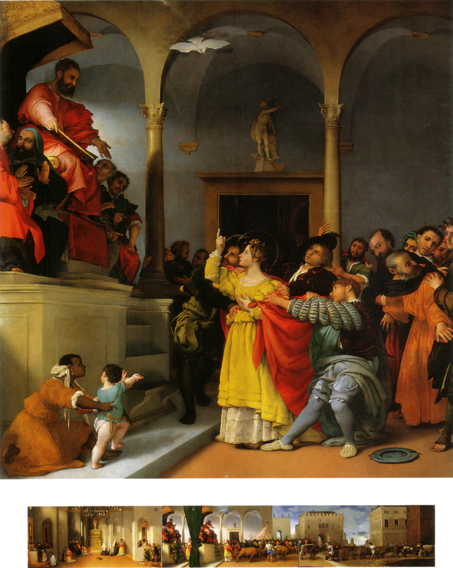 Lorenzo Lotto, Pala di Santa Lucia (1532; olio su tavola, 243 x 237 cm, la predella olio su tavola di 32 x 69 cm ciascuna; Jesi, Pinacoteca Comunale, Palazzo Pianetti) 