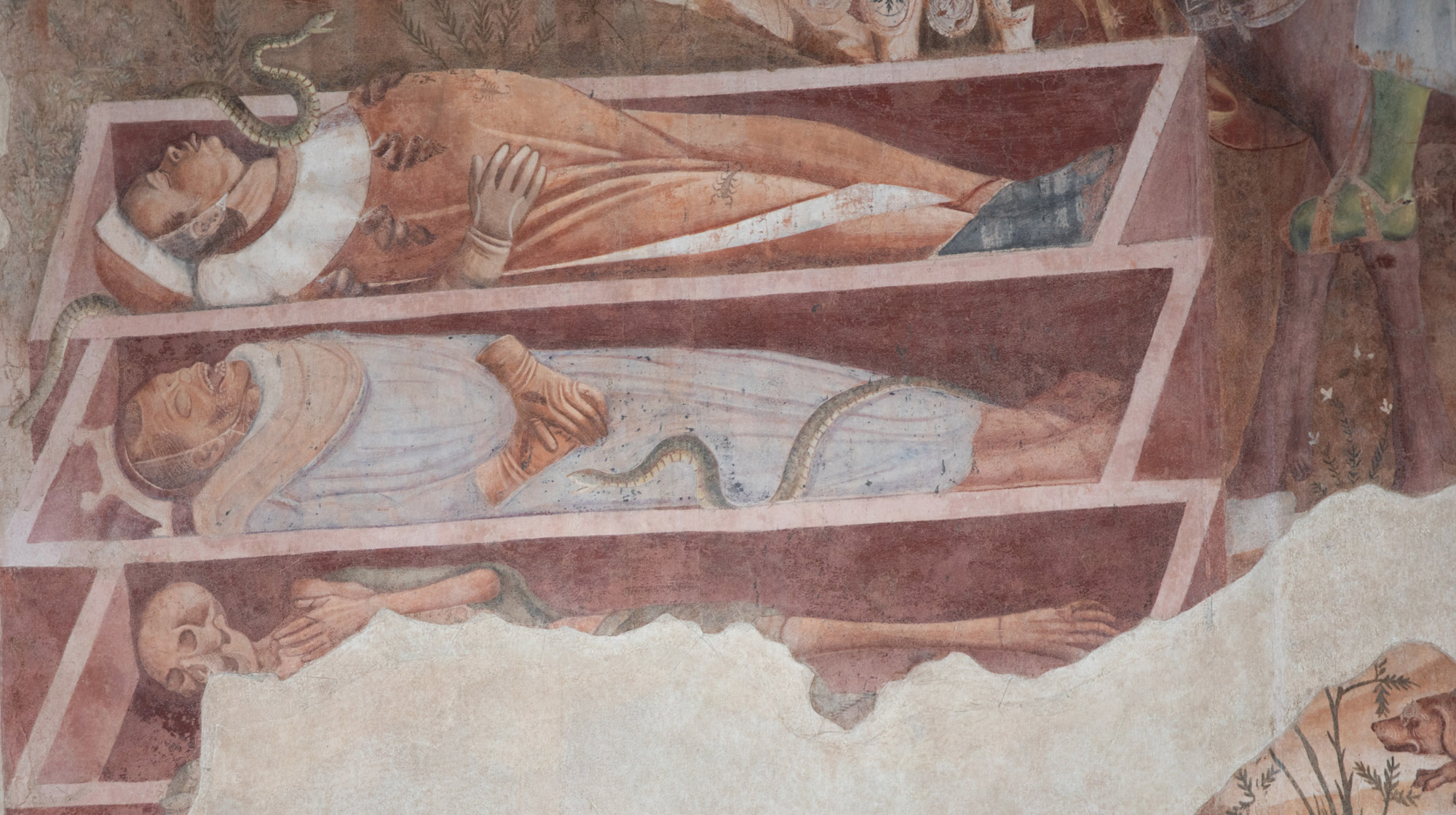 Bonamico Buffalmacco, Trionfo della Morte, dettaglio dei tre cadaveri

